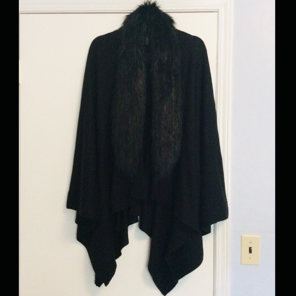 INC Women's Black Faux-Fur-Collar Poncho Sweater - Picture 2 of 7
